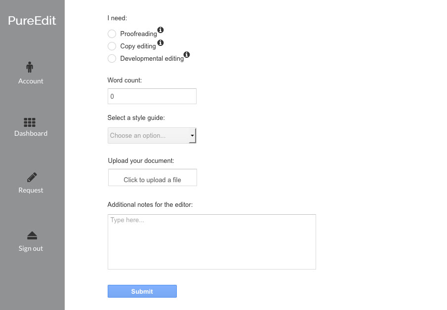 PureEdit dashboard for proofreading and edit requests.